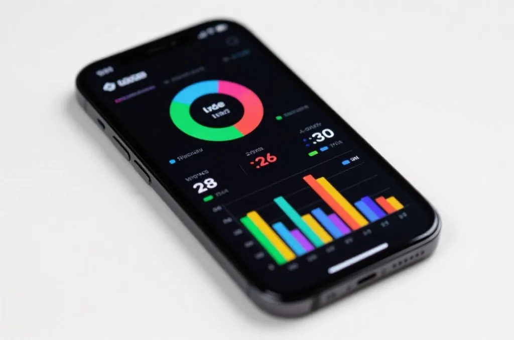 Close up of a modern smartphone displaying clean colorful statistical charts and live scores of an electronic sports match, minimalist design